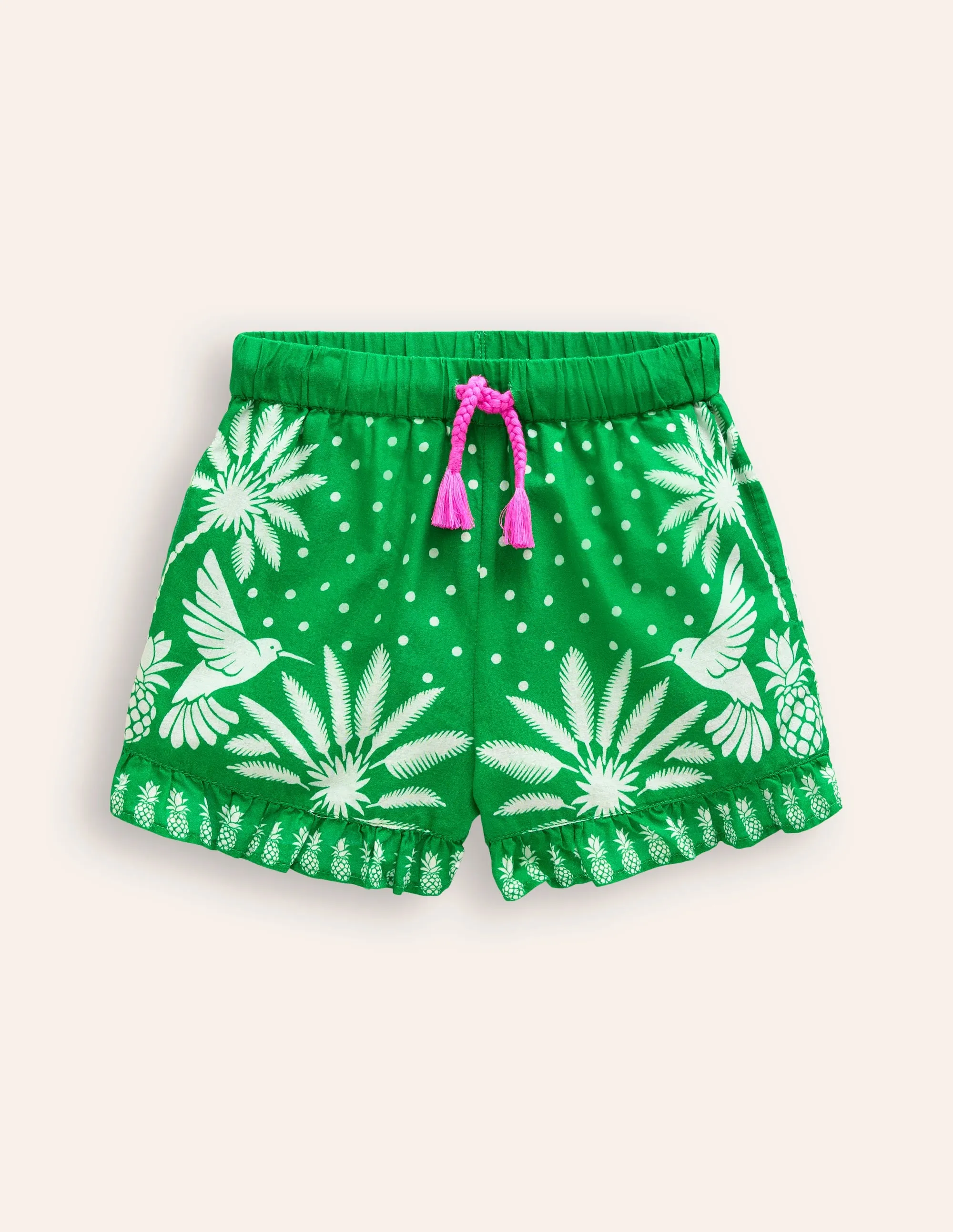 Frill Hem Woven Shorts-Runner Bean Green Palm