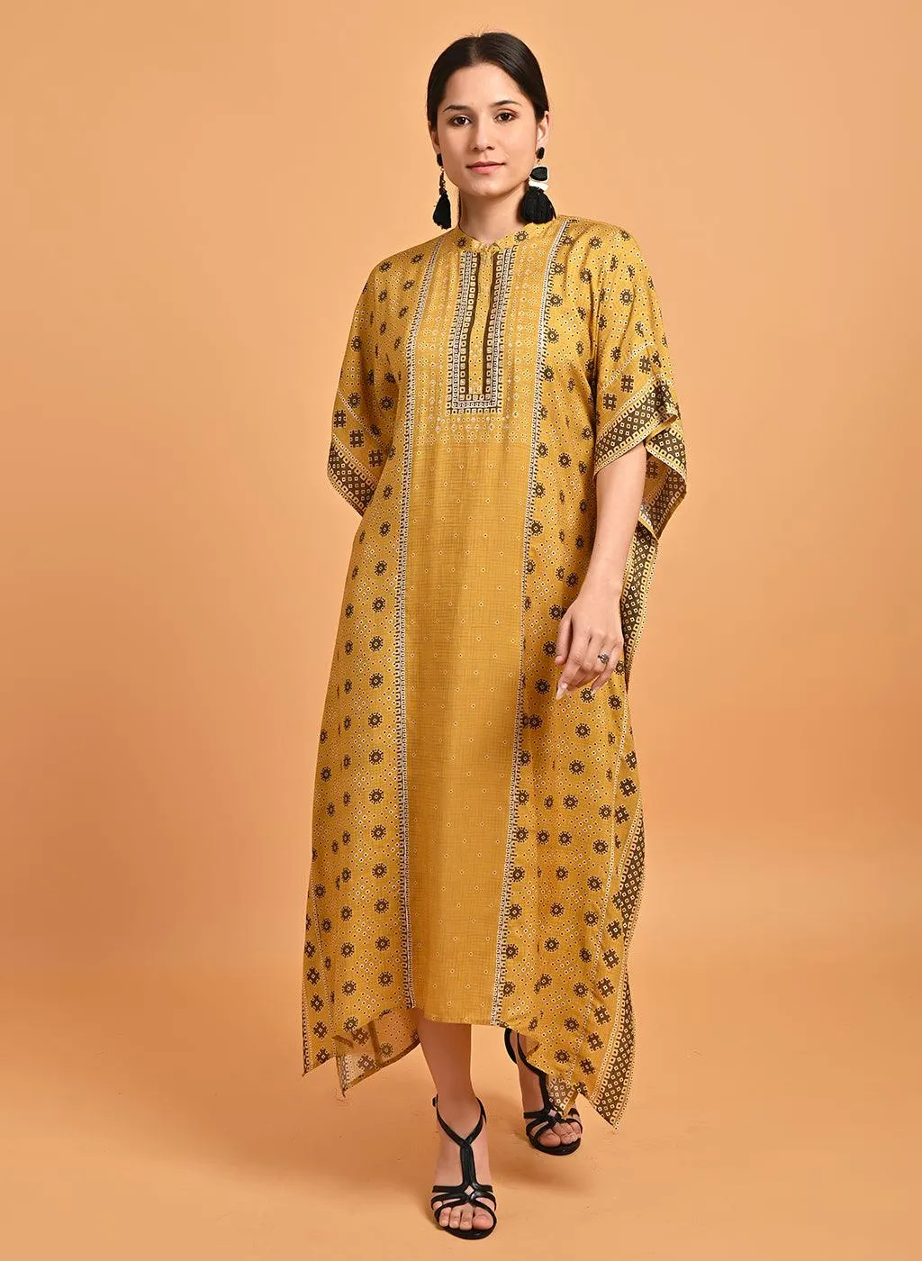 Spicy Mustard Printed Straight Kaftan